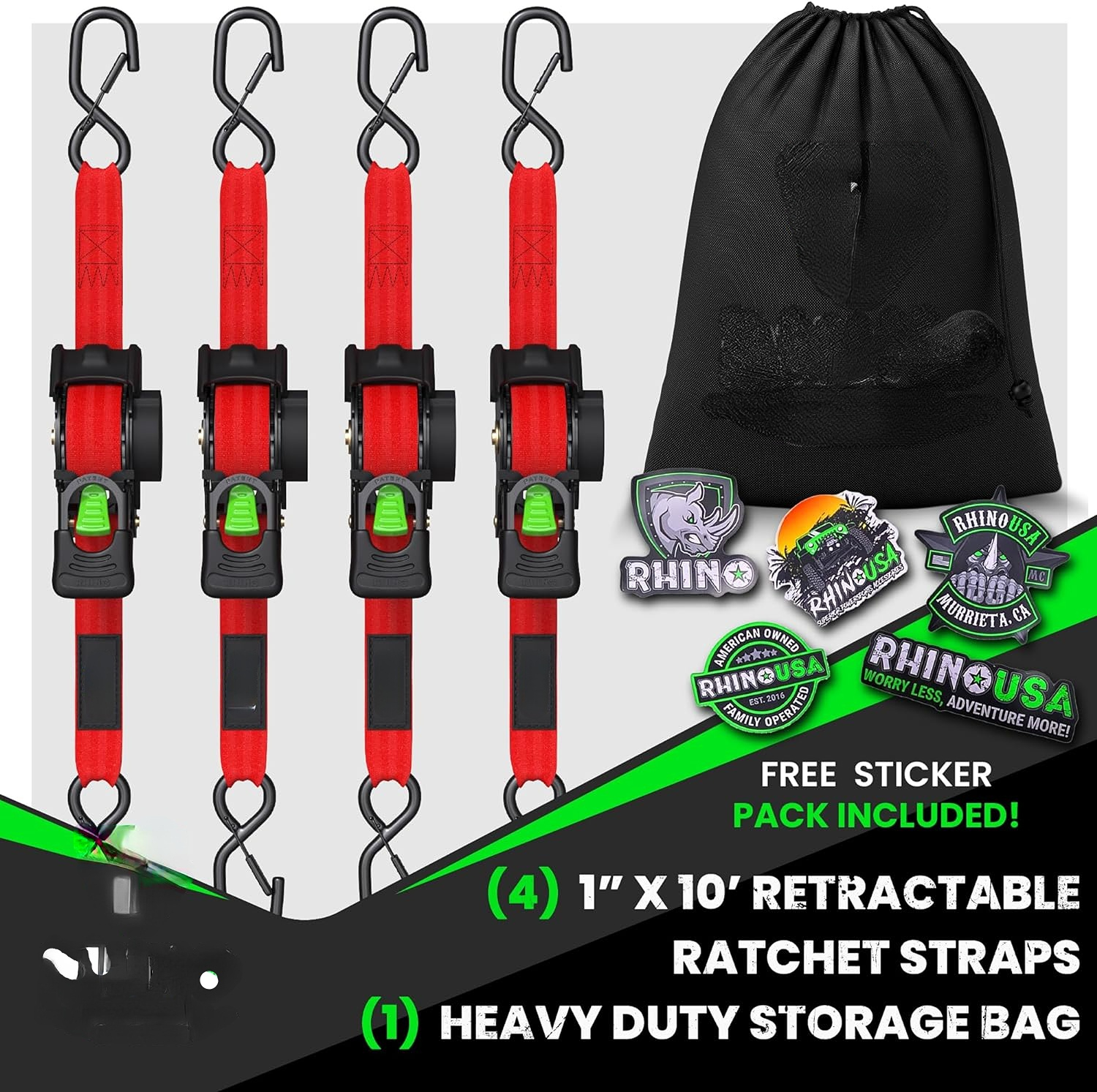 Retractable ratchet Tie down Band (4PK) - 1,209 LBS guaranteed maximum breaking strength! Includes (4) Ultimate 1 