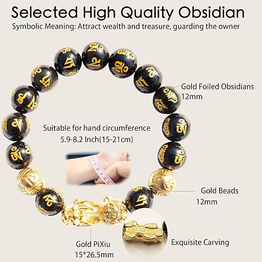 Feng Shui Bracelet Obsidian Bracelet, 24k  Plated Pixiu Bracelet Dragon Protection for Men Women