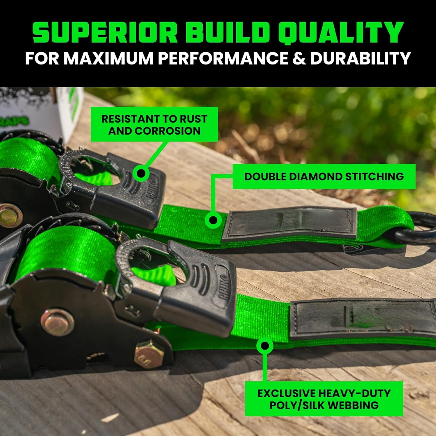 Retractable ratchet Tie down Band (4PK) - 1,209 LBS guaranteed maximum breaking strength! Includes (4) Ultimate 1 