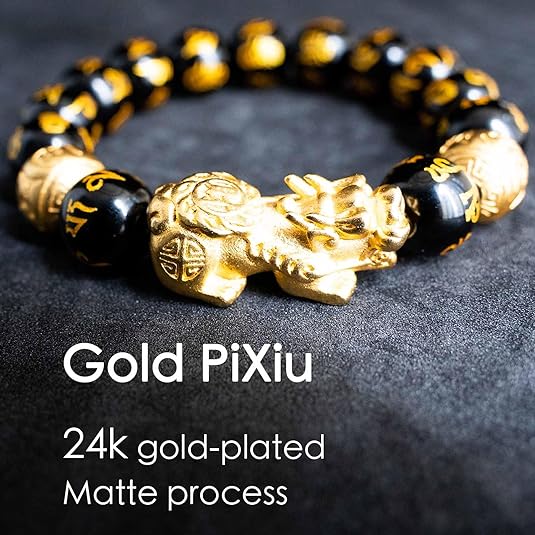 Feng Shui Bracelet Obsidian Bracelet, 24k  Plated Pixiu Bracelet Dragon Protection for Men Women