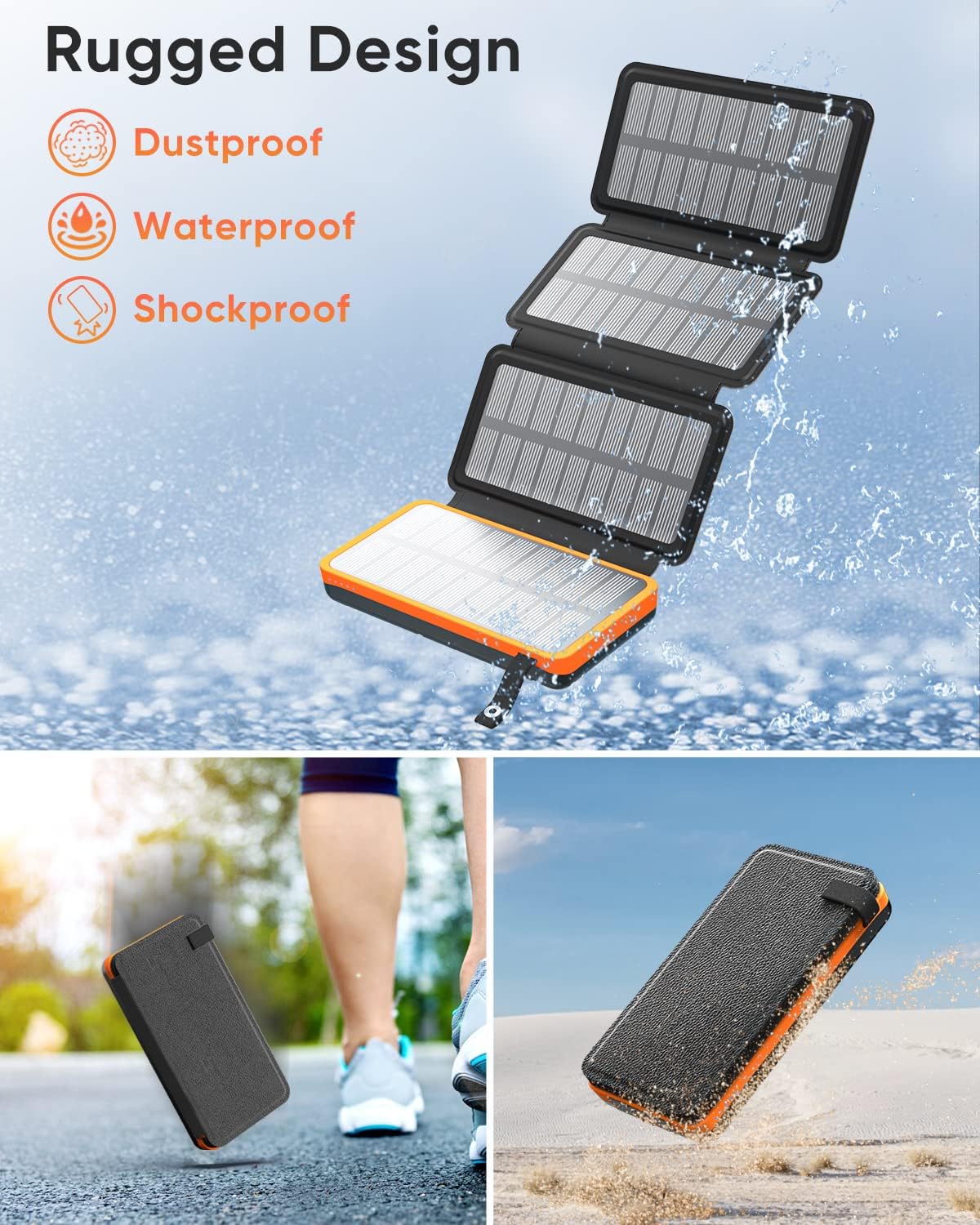 Solar Charger 25000mAh, Outdoor USB C Portable Power Bank with 4 Solar Panels, 3A Fast Charge External Battery Pack with 3 USB Outputs Compatible with Smartphones, Tablets, etc.