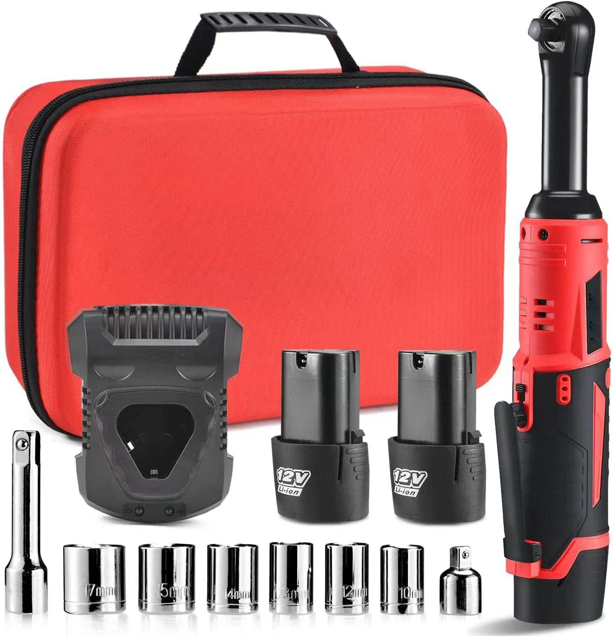 Cordless electric ratchet wrench Set, 3/8 inch 12V electric ratchet tool kit with 2 packs 2000mAh lithium-ion batteries and charger