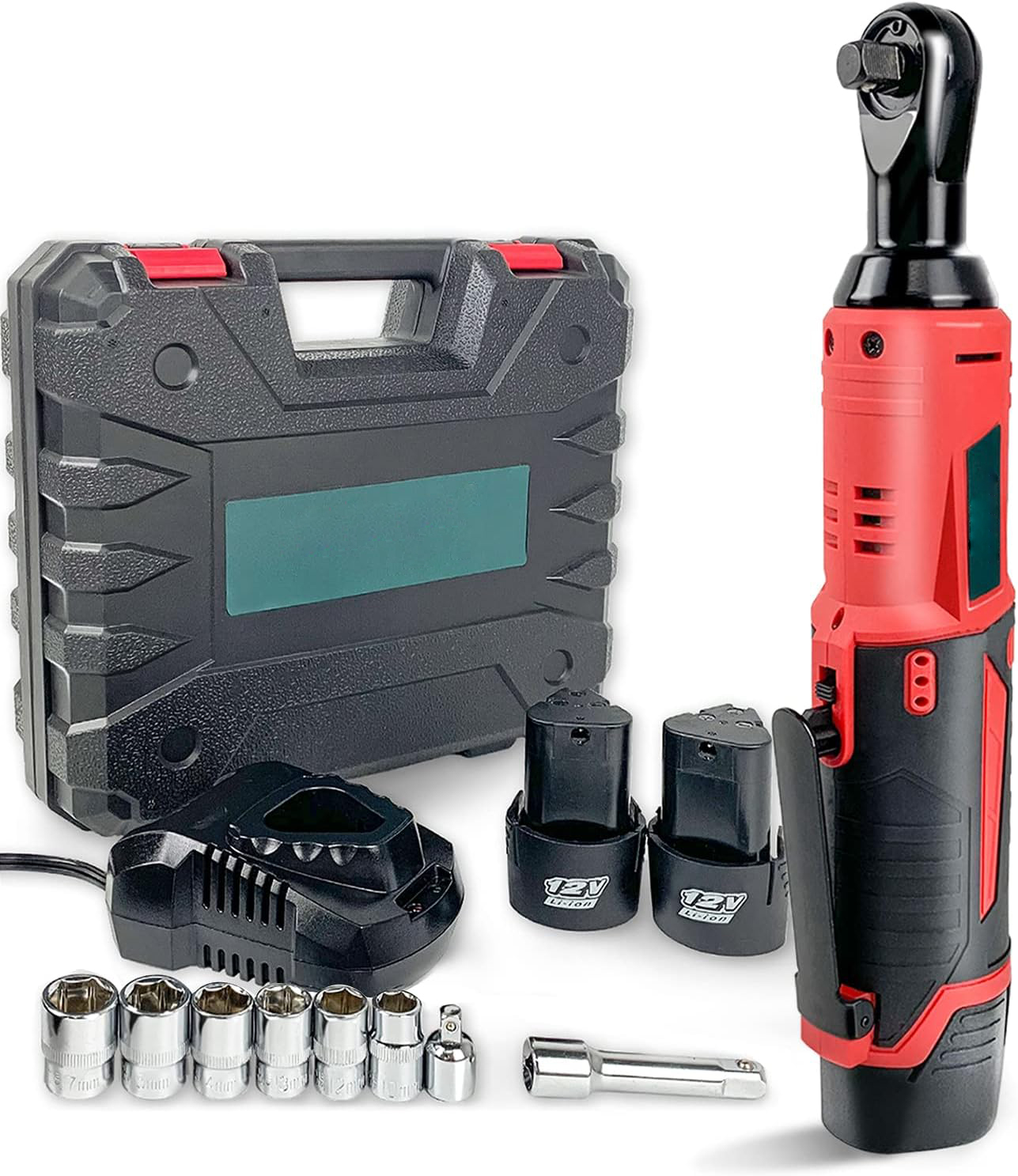 Cordless electric ratchet wrench Set, 3/8 inch 12V electric ratchet tool kit with 2 packs 2000mAh lithium-ion batteries and charger