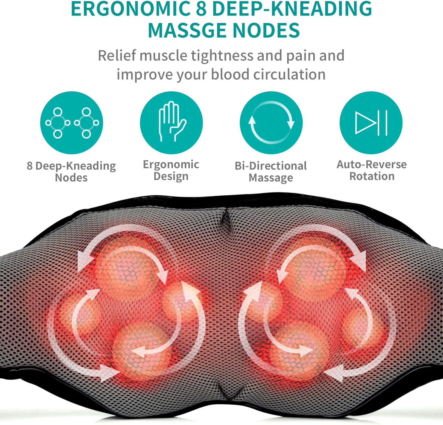 Shiatsu Neck and Back Massager with Soothing Heat,  Electric Deep Tissue 3D Kneading Massage Pillow
