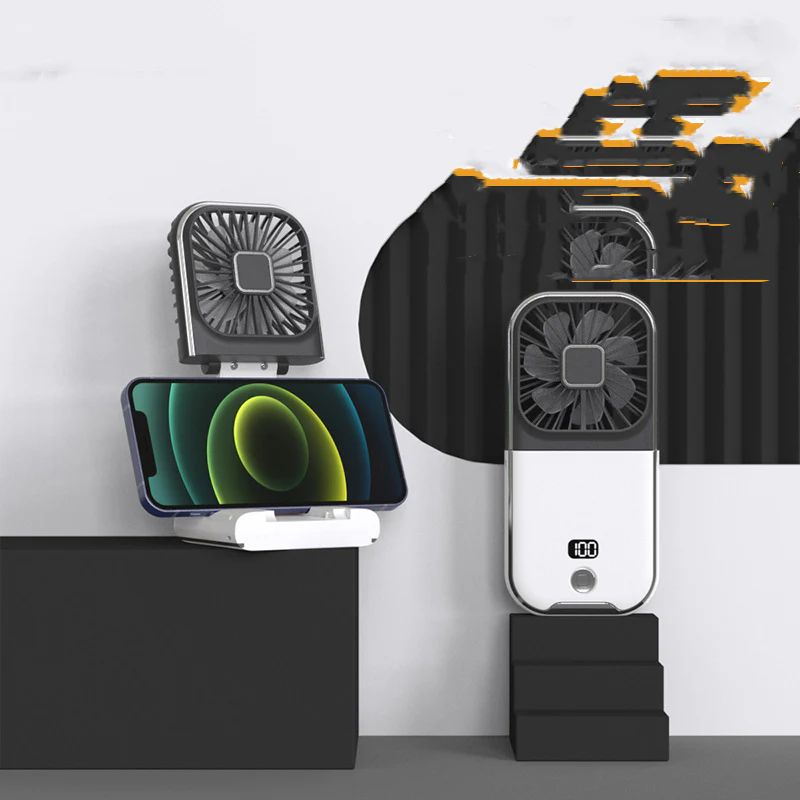 3 in 1 Folding Portable Neck Fan Digital Display Mini Fan with Power Bank & Cellphone Stand