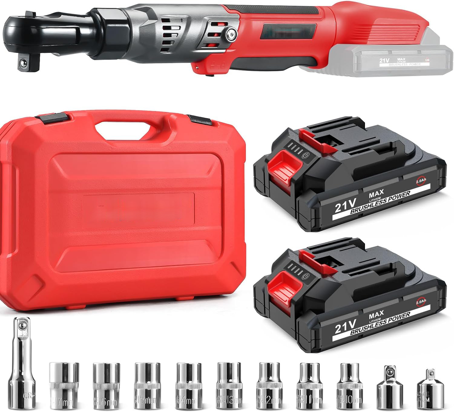 Cordless electric ratchet wrench Set, 3/8 inch 12V electric ratchet tool kit with 2 packs 2000mAh lithium-ion batteries and charger