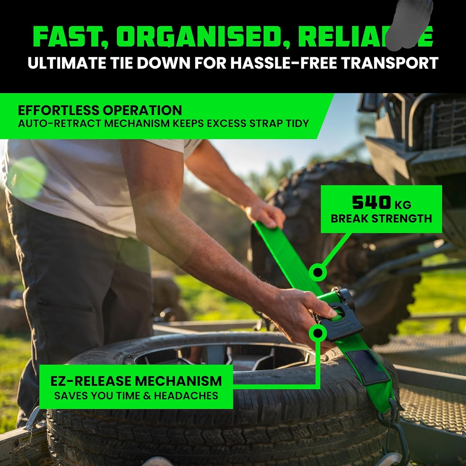 Retractable ratchet Tie down Band (4PK) - 1,209 LBS guaranteed maximum breaking strength! Includes (4) Ultimate 1 