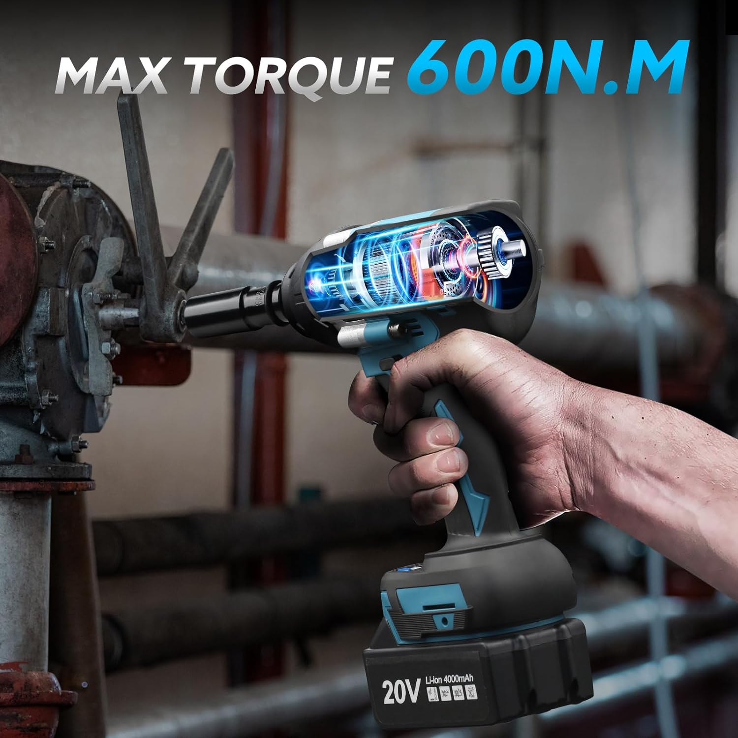 Cordless impact wrench, 1/2-inch brushless 20V impact gun 443 ft lb (600 nm)