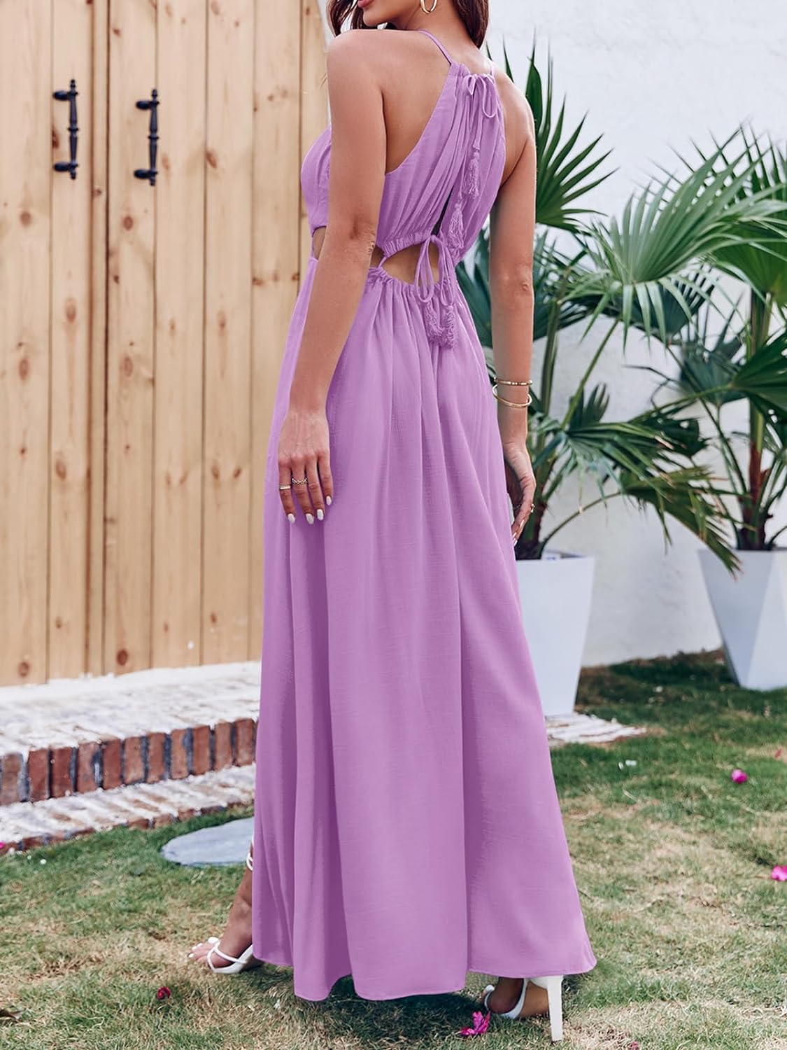 Women Cutout Halter Maxi Dress Backless Boho Beach Summer Dresses Tie Neck Side Slit Long Midi Dress