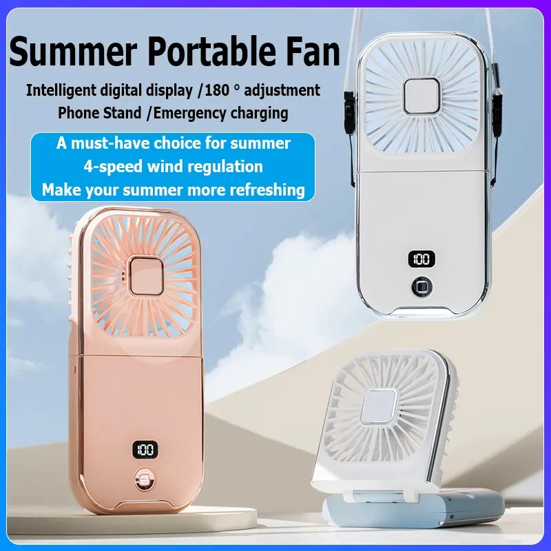 3 in 1 Folding Portable Neck Fan Digital Display Mini Fan with Power Bank & Cellphone Stand