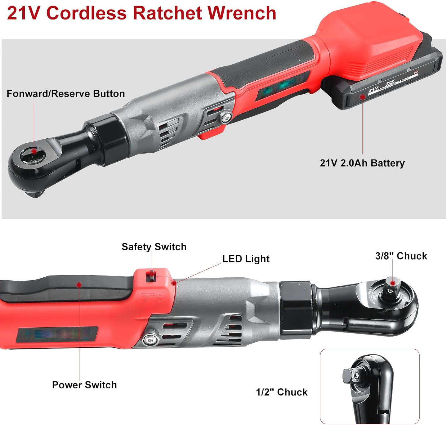 Cordless electric ratchet wrench Set, 3/8 inch 12V electric ratchet tool kit with 2 packs 2000mAh lithium-ion batteries and charger