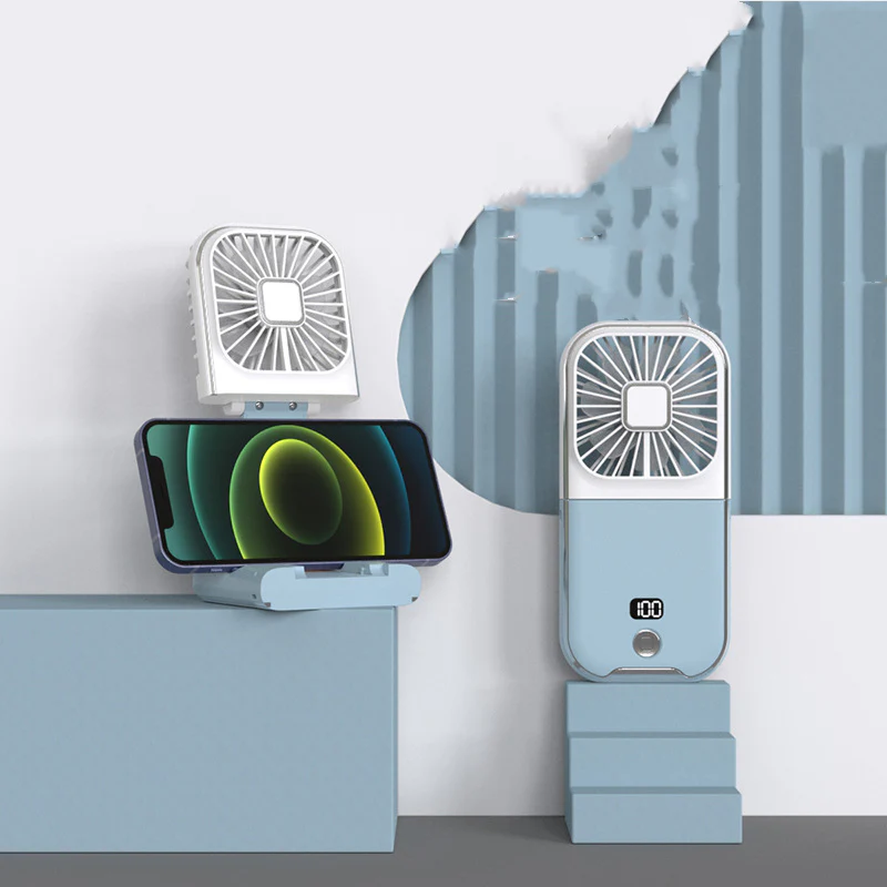 3 in 1 Folding Portable Neck Fan Digital Display Mini Fan with Power Bank & Cellphone Stand