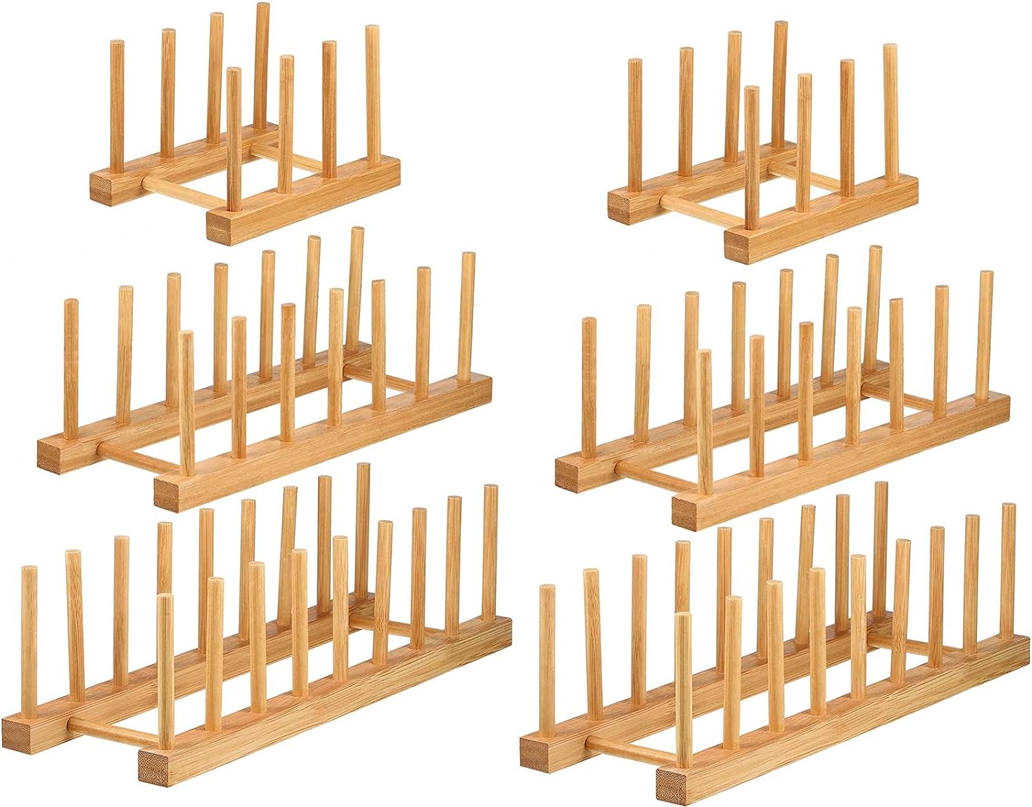Set of 6 Bamboo Dish Rack - 3/6/8 Slots Wooden Plate Rack Stand Pot Lid Holder Dish Drying Rack for Dish, Bowl, Cup, Cutting Board and More