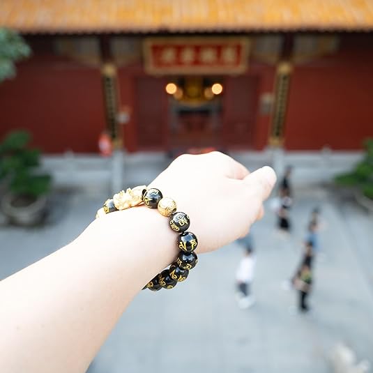Feng Shui Bracelet Obsidian Bracelet, 24k  Plated Pixiu Bracelet Dragon Protection for Men Women