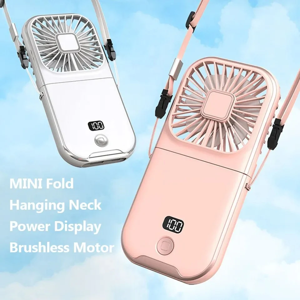 3 in 1 Folding Portable Neck Fan Digital Display Mini Fan with Power Bank & Cellphone Stand