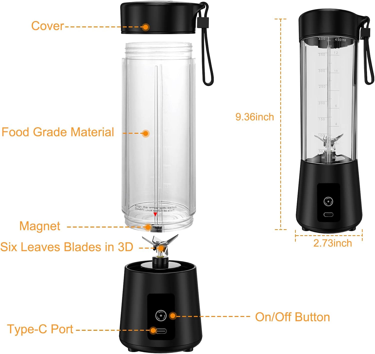 Portable Blender, Personal Mini Blender Smoothies and Shakes USB Rechargeable Juicer Cup Travel Handheld Fresh Juice Blender