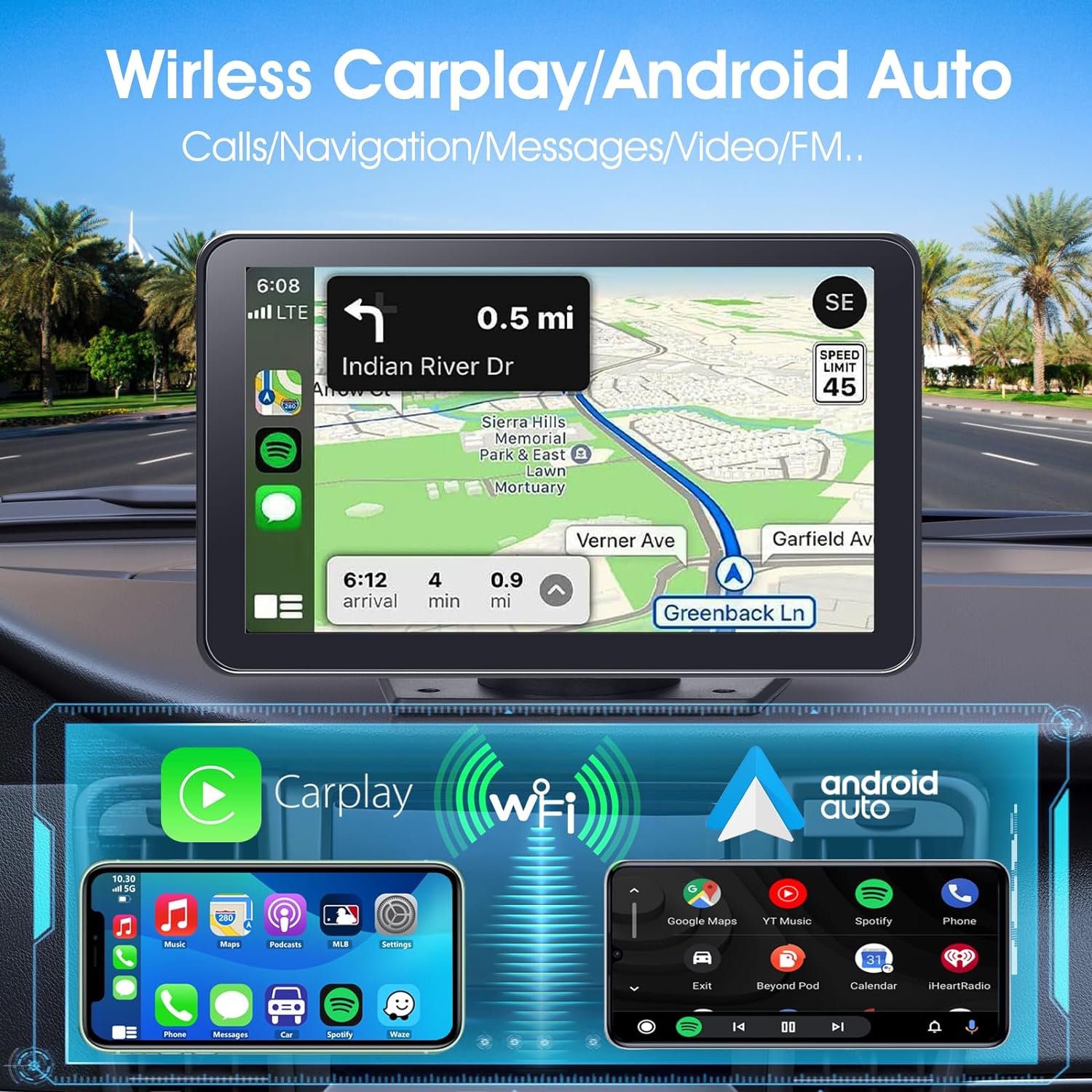 Portable Wireless CarPlay Screen for Car, 7 Inch Double Din Car Stereo for Apple CarPlay & Android Auto, Multimedia Player with Backup Camera, Mirror Link, Navigation Screen for All Vehicles