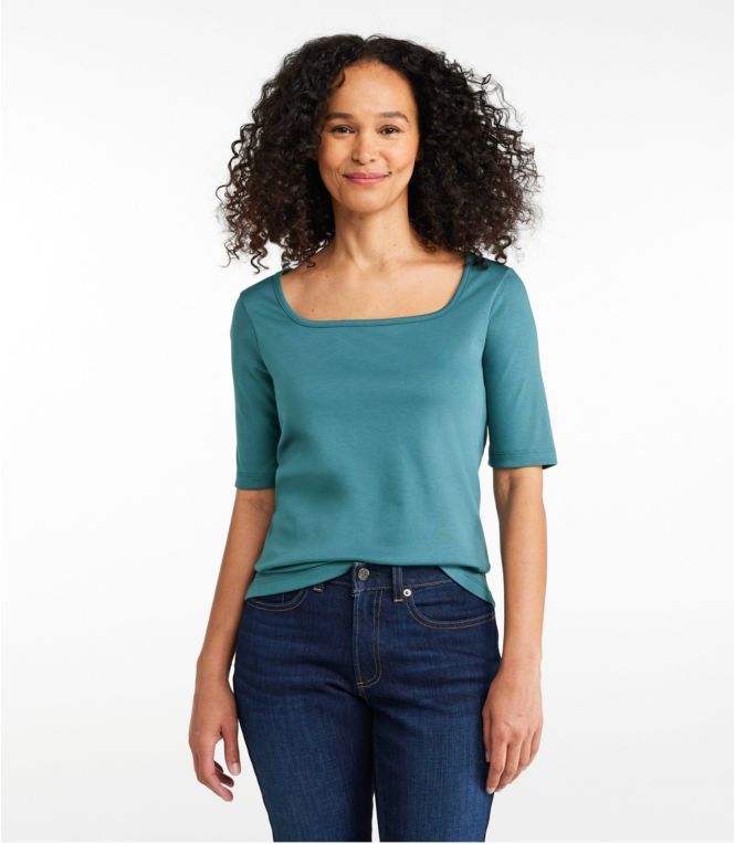 Women's Pima Cotton Tee, Soft Squareneck Elbow-Sleeve