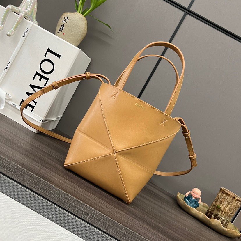 Loewe Mini Puzzle Fold Tote in shiny calfskin Brown(Replica) - Ultra-Collectible