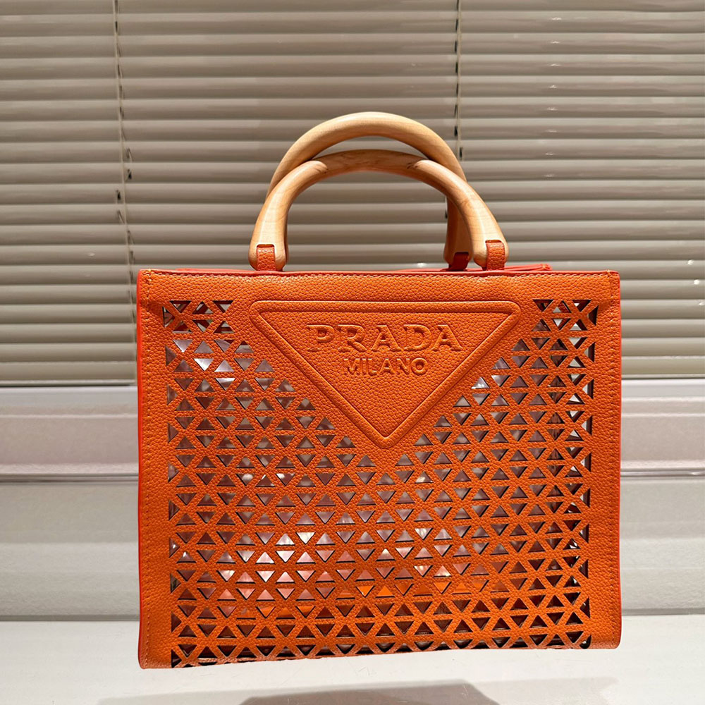 Prada Wooden Handle Hollow Orange Tote Bag - Ultra-Collectible