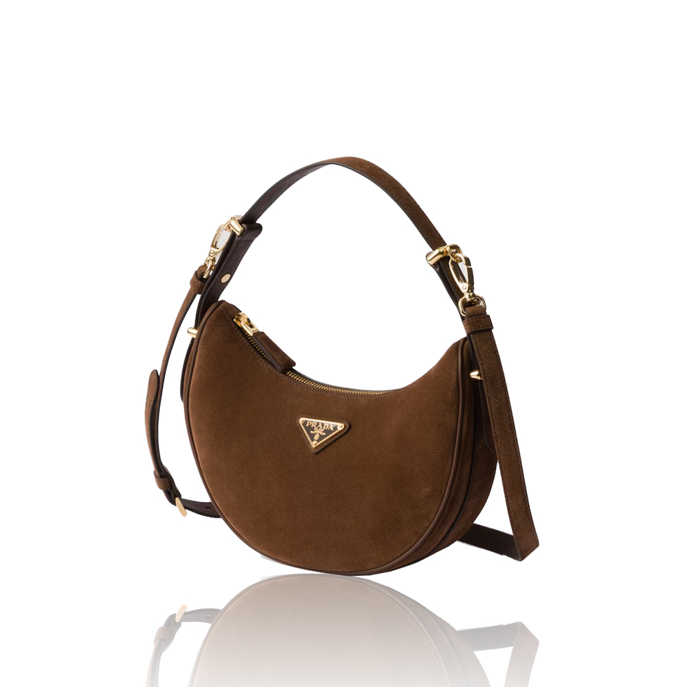 Prada Women's Brown Arqué Suede Moon Shoulder Bag  (Replica) - Ultra-Collectible