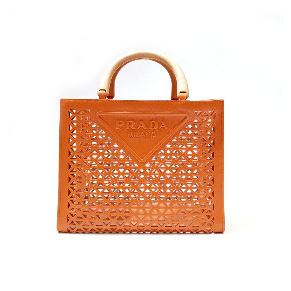 Prada Wooden Handle Hollow Orange Tote Bag - Ultra-Collectible