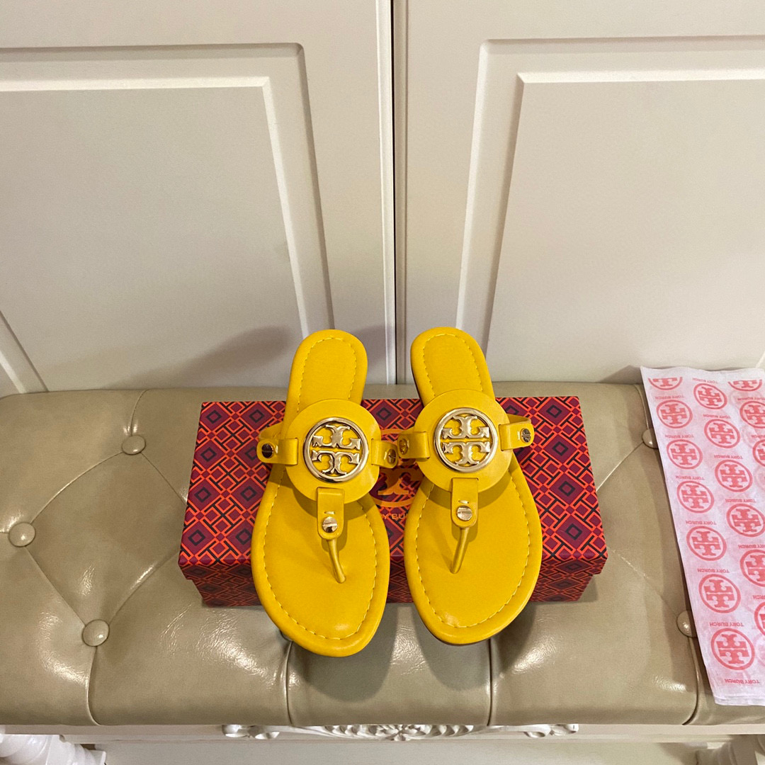 Tory Burch Leather Metal Logo Flip-flops Sandals Slide (Replica) - Ultra-Collectible