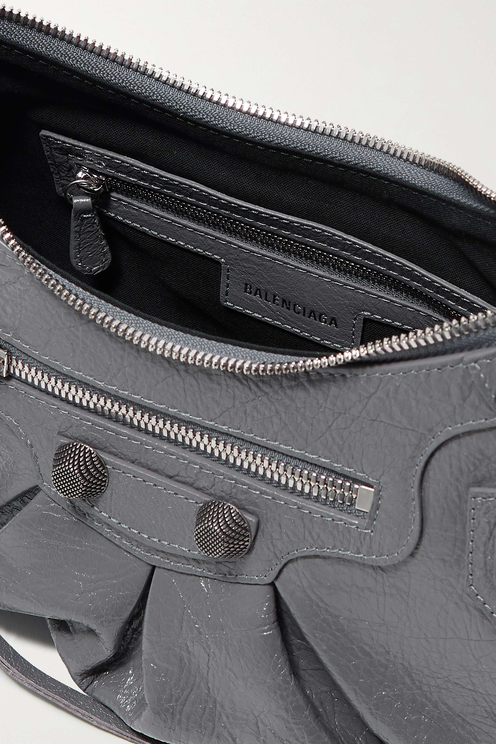 BALENCIAGA Le Cagole small studded crinkled-leather shoulder bag Grey - Ultra-Collectible