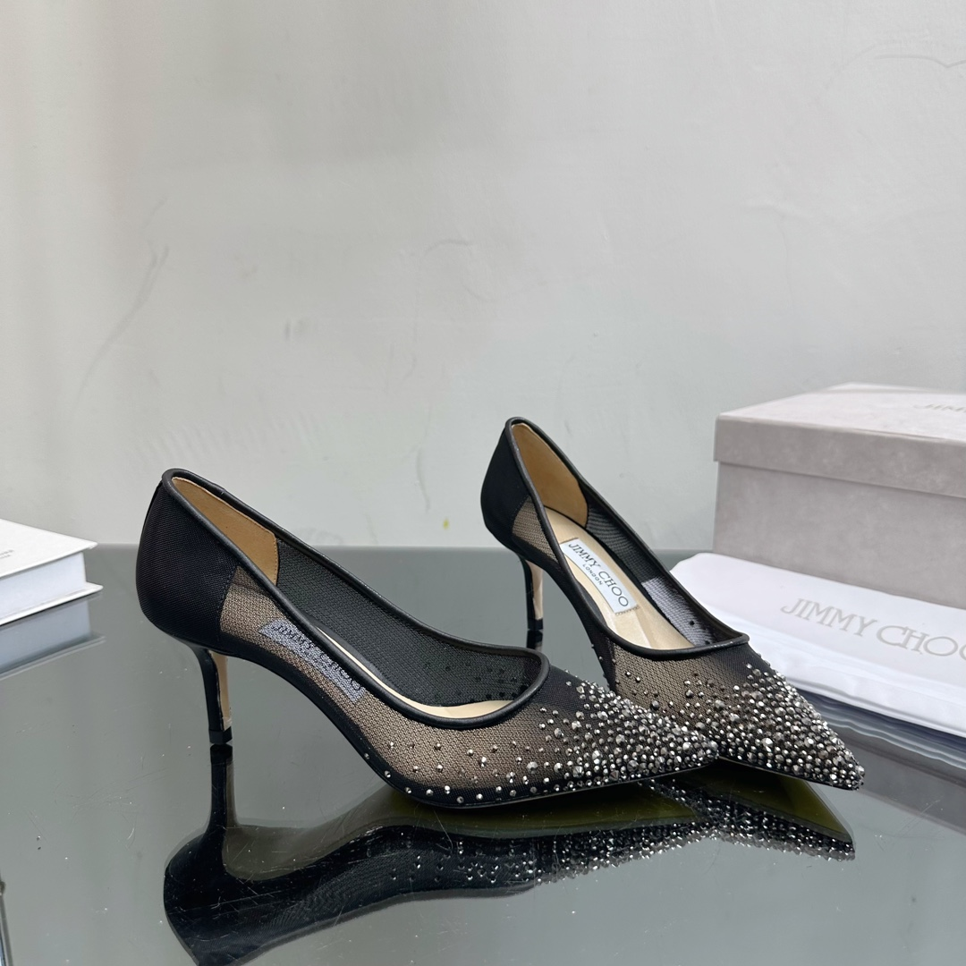 Jimmy Choo Black Mesh Pointed Stiletto Heels  Slide Sandal (Replica) - Ultra-Collectible