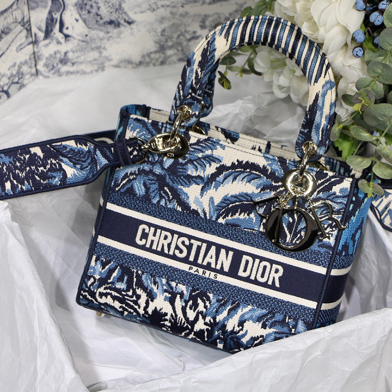 Dior The LADY D-LITE Bag Blue Dior Palms Embroidery M0565OREU_M928 - Ultra-Collectible