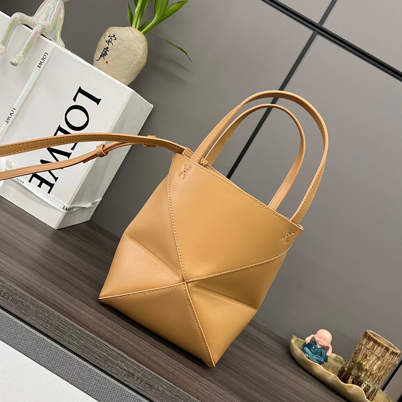 Loewe Mini Puzzle Fold Tote in shiny calfskin Brown(Replica) - Ultra-Collectible