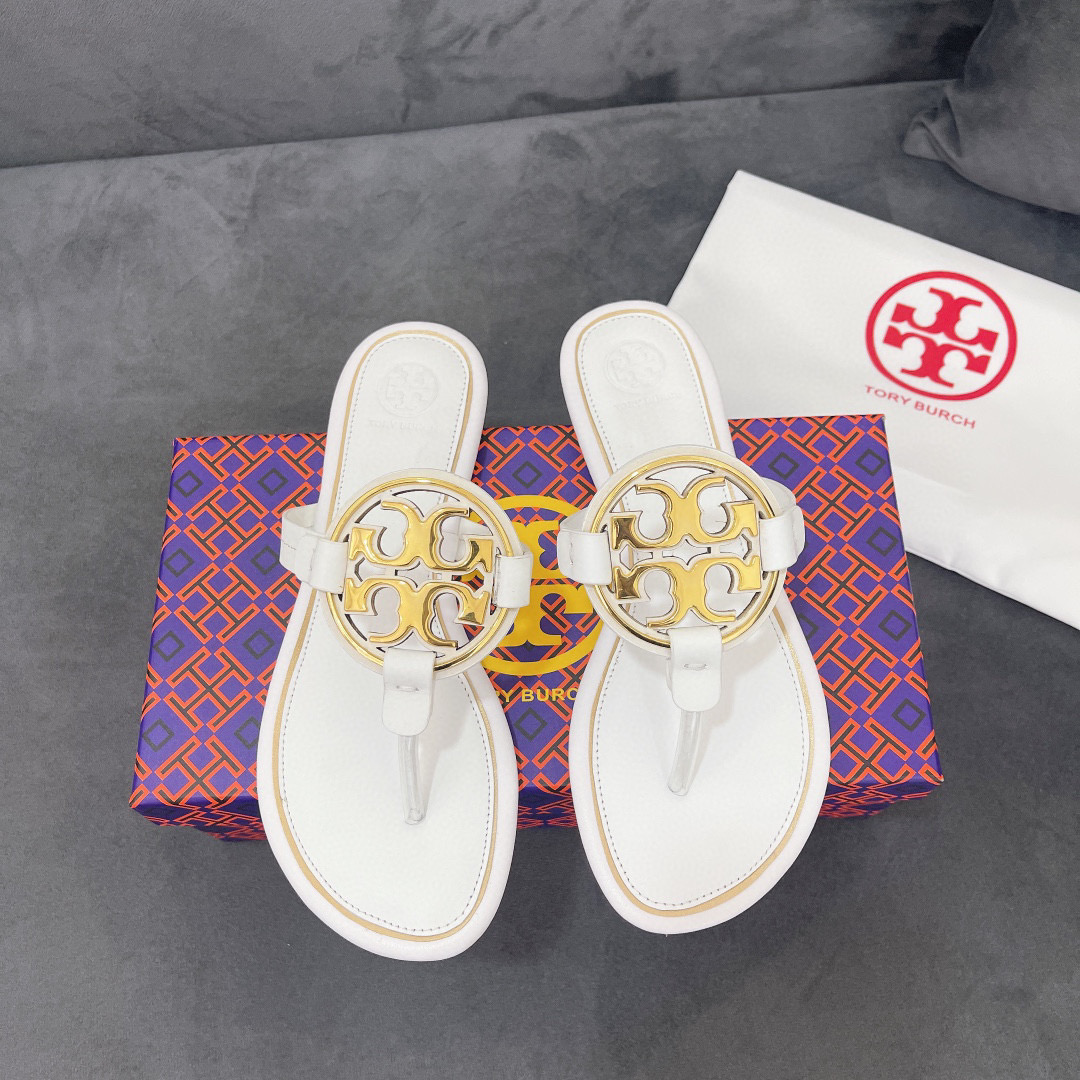 Tory Burch Leather Metal Double T Logo Flip-flops Sandals Slide (Replica) - Ultra-Collectible