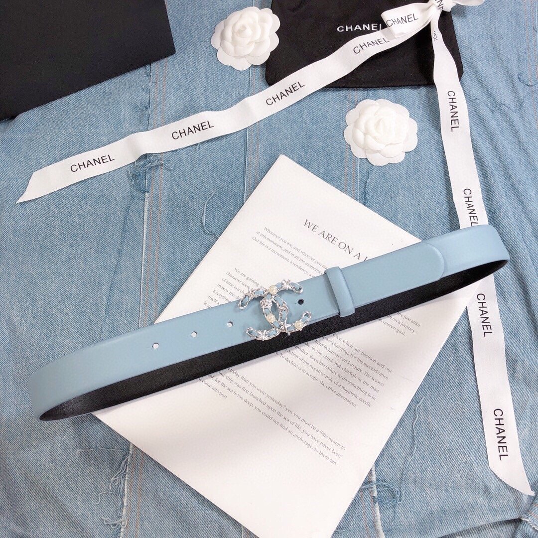 Chanel Belt With Double C Buckle Light Blue Silver Toned Hardware Women Belt 30MM - Ultra-Collectible