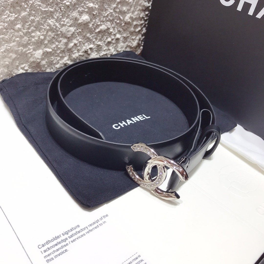Chanel Black Belt With Double C Buckle Silver-Toned Metal Women Belt 30MM - Ultra-Collectible
