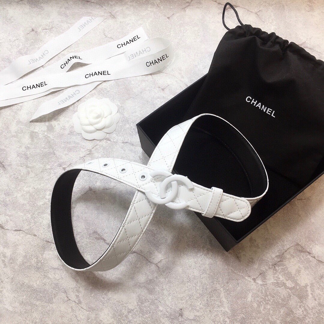 Chanel Belt Quilted With Double C Buckle White With White Hardware Women Belt 30MM - Ultra-Collectible