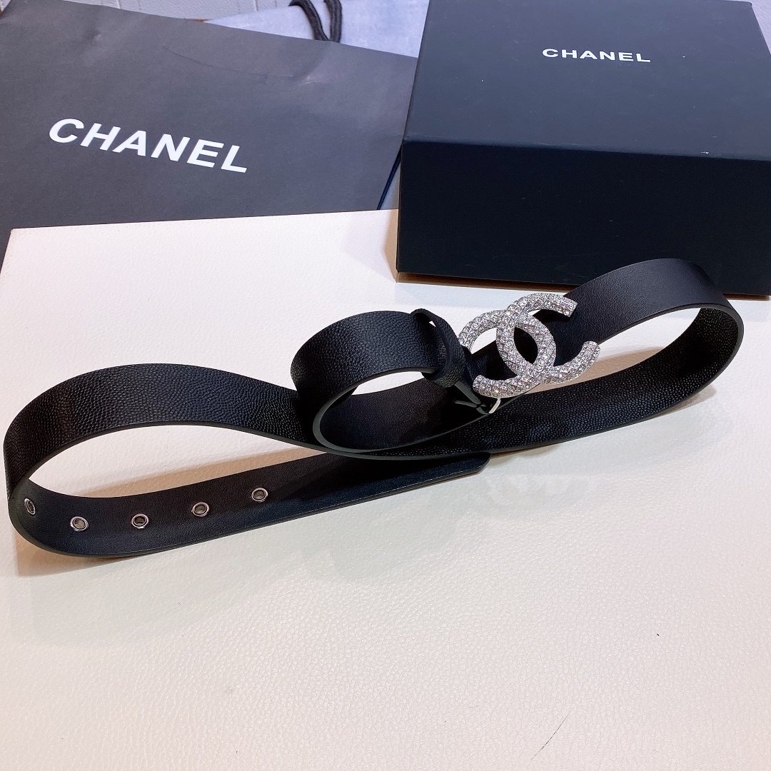 Chanel Belt With Beaded Buckle Black with Silver Hardware Women Belt 30MM - Ultra-Collectible
