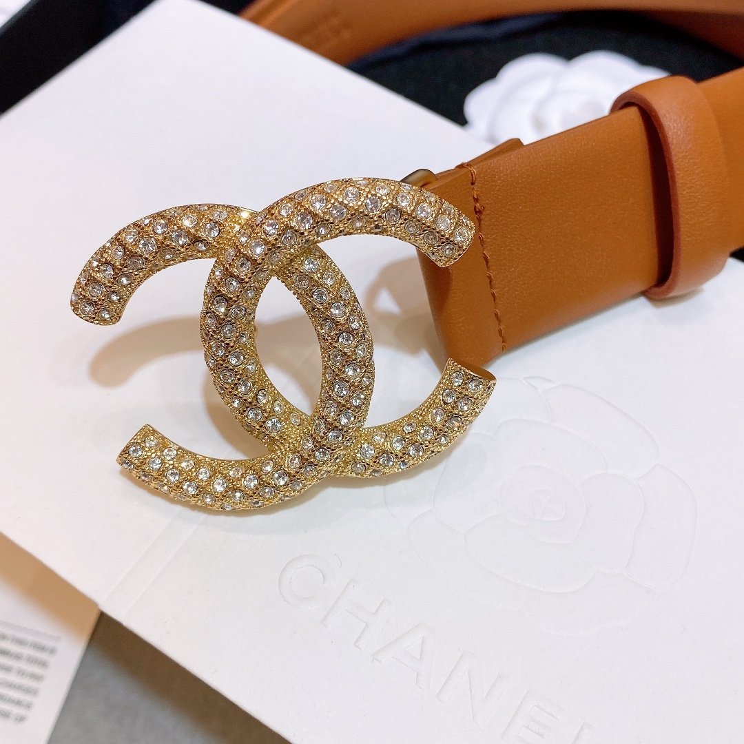 Chanel Brown Belt With Double C Buckle Gold-Toned and Strass Metal Women Belt 30MM - Ultra-Collectible