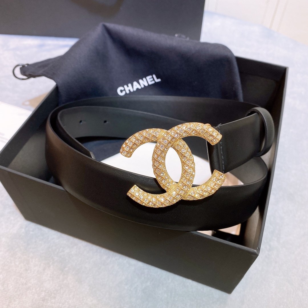 Chanel Belt With Beaded Buckle Black Gold-Toned Metal and Strass Women Belt 30MM - Ultra-Collectible