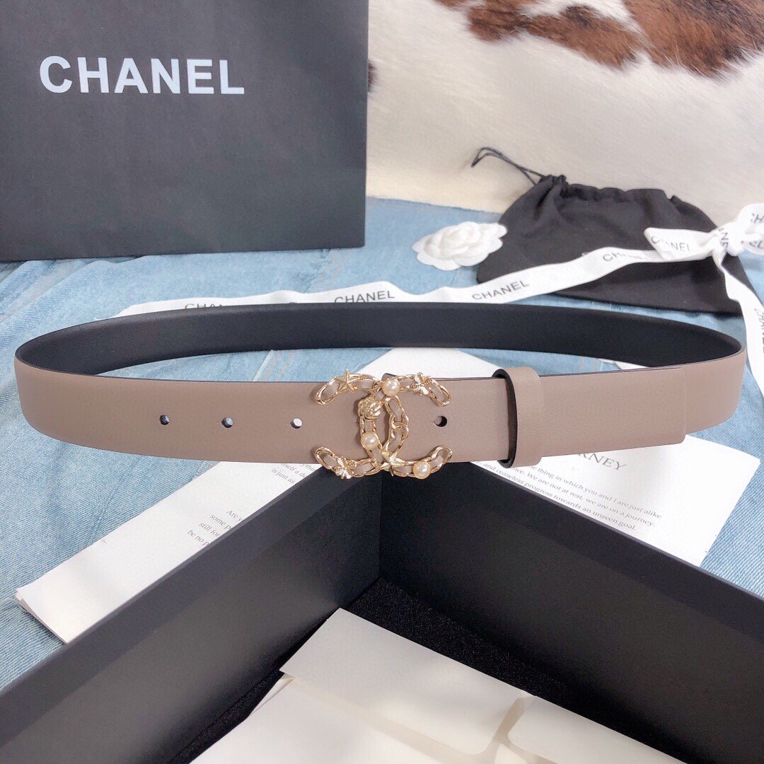 Chanel Belt With Double C Buckle Beige Gold Toned Hardware Women Belt 30MM - Ultra-Collectible