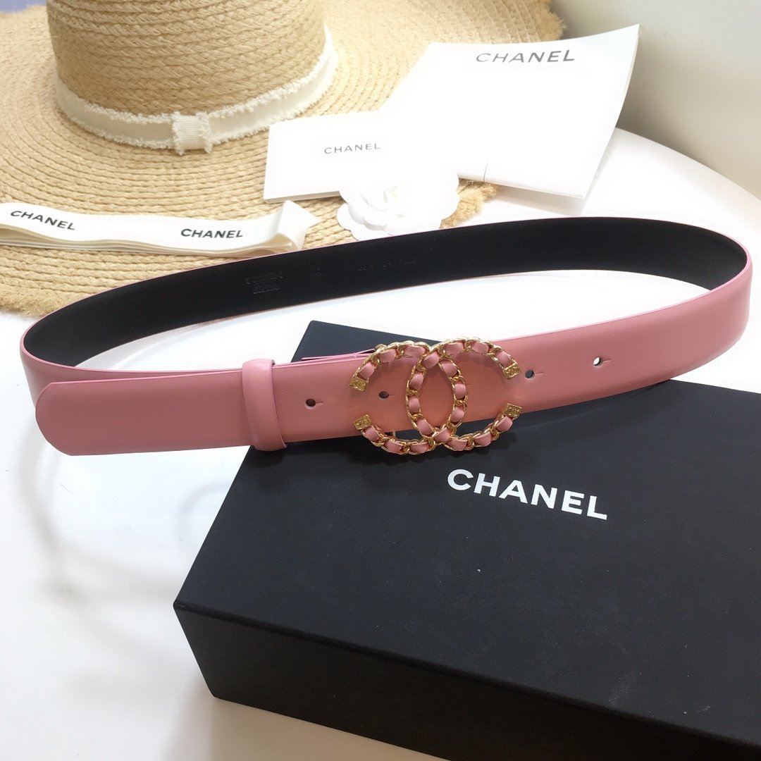 Chanel Belt With Double C Buckle Pink with Gold mix Pink Hardware Women Belt 30MM - Ultra-Collectible