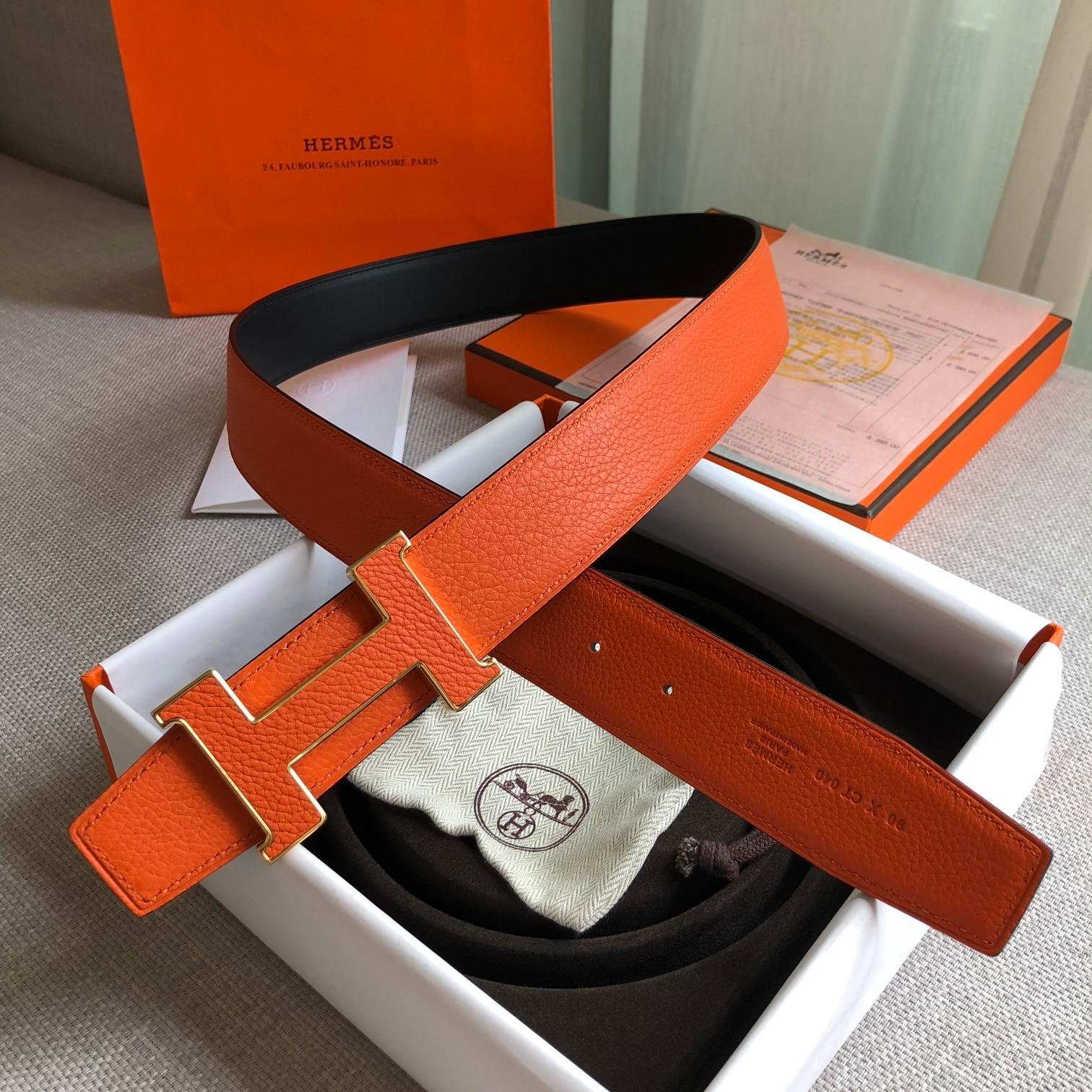 Hermes H Guillochee Belt Buckle & Reversible Strap Orange For Women, Women Belt 380MM - Ultra-Collectible