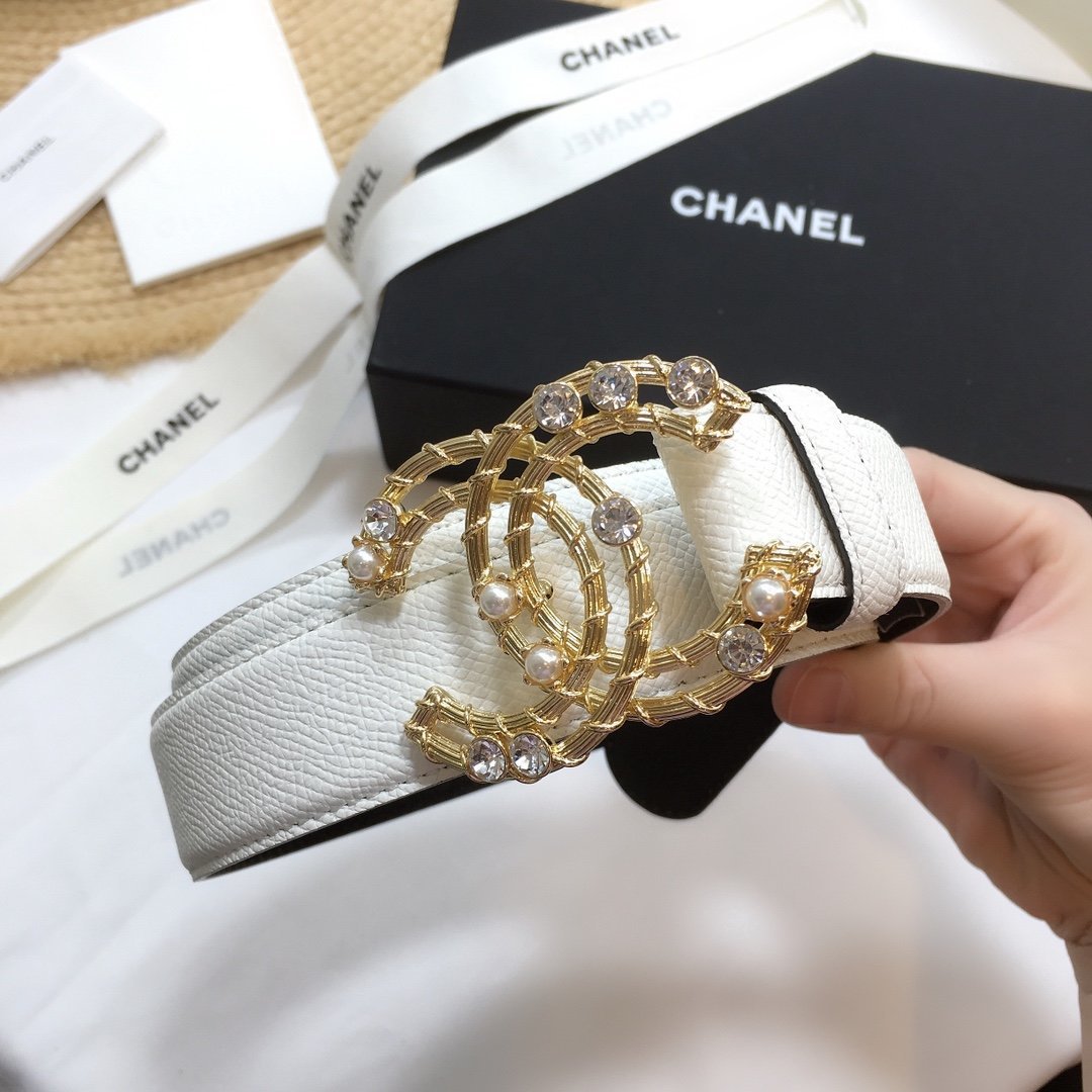 Chanel Belt With Double C Buckle White Gold Chanel Logo Hardware Women Belt 30MM - Ultra-Collectible