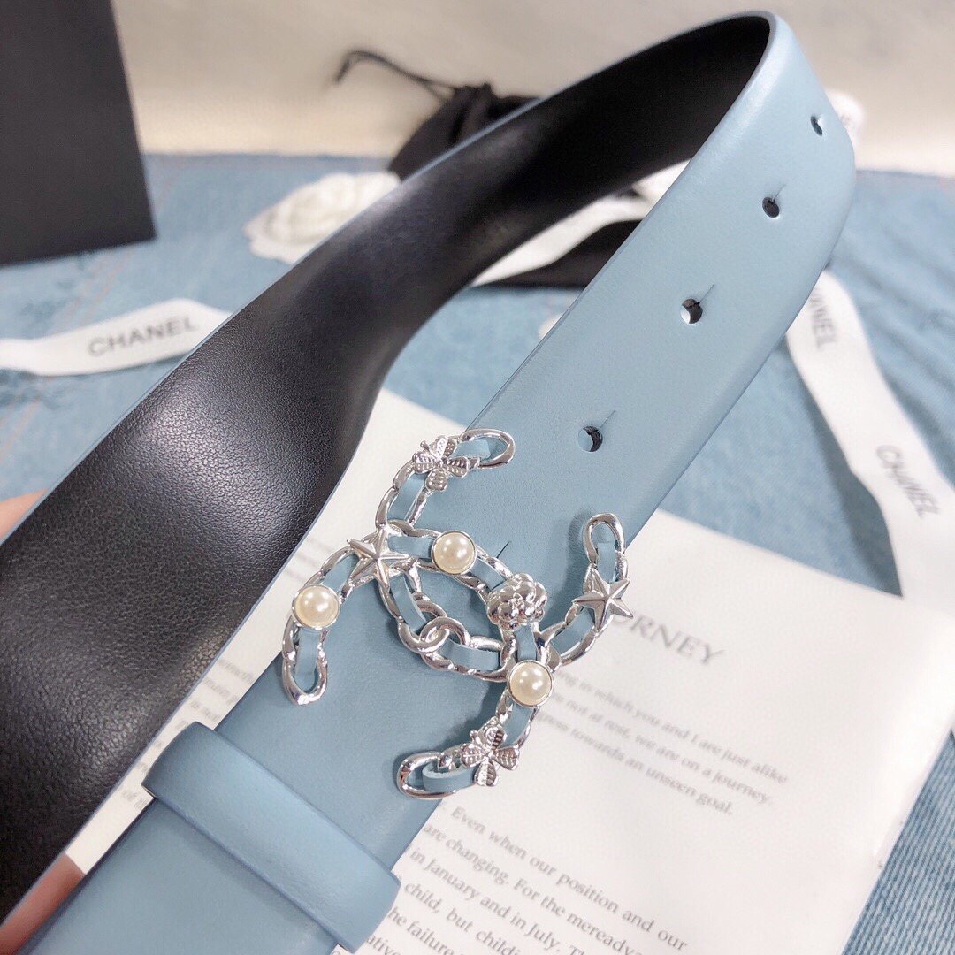 Chanel Belt With Double C Buckle Light Blue Silver Toned Hardware Women Belt 30MM - Ultra-Collectible