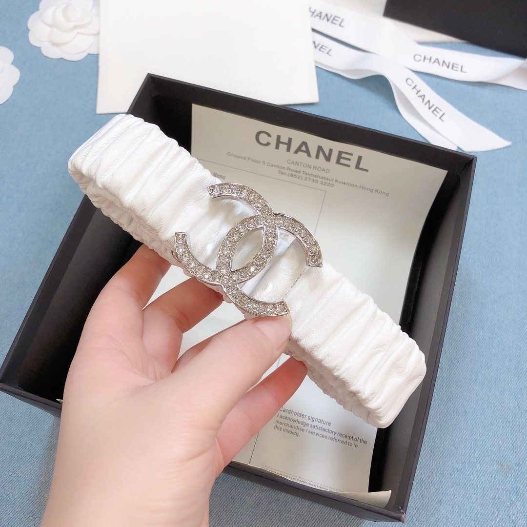 Chanel Belt Double C Buckle White Silver-Toned Hardware and Strass Women Belt 30MM - Ultra-Collectible