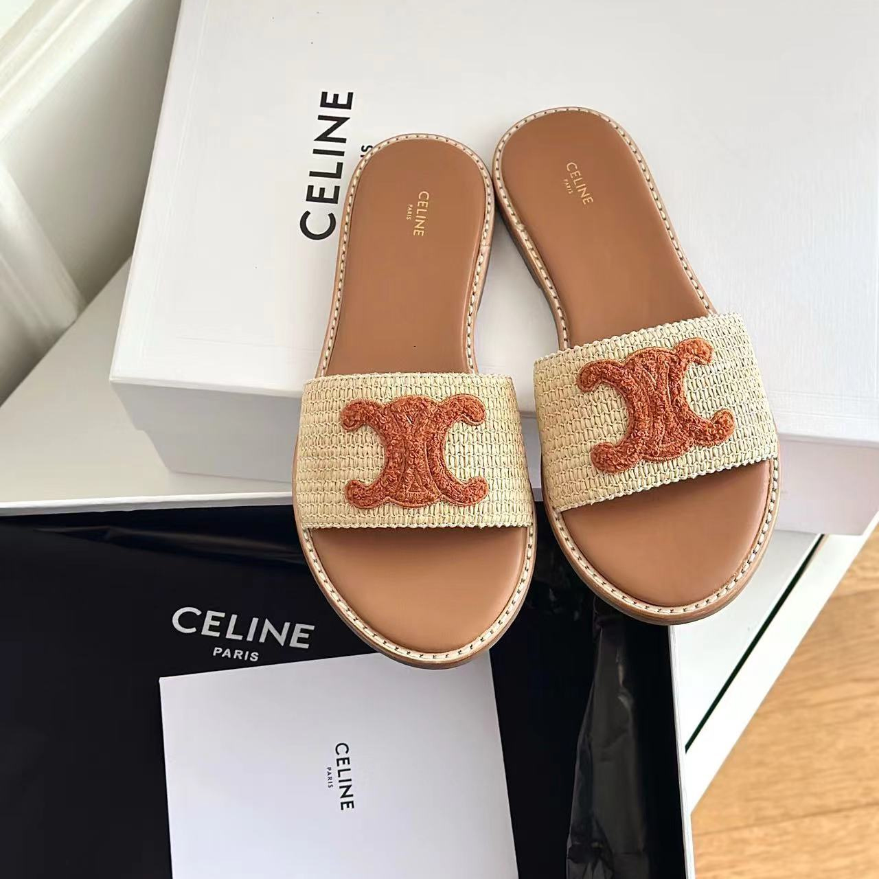 CELINE Women's Mule Sandals - Flat Sandals with Signature Logo (Replica) - Ultra-Collectible