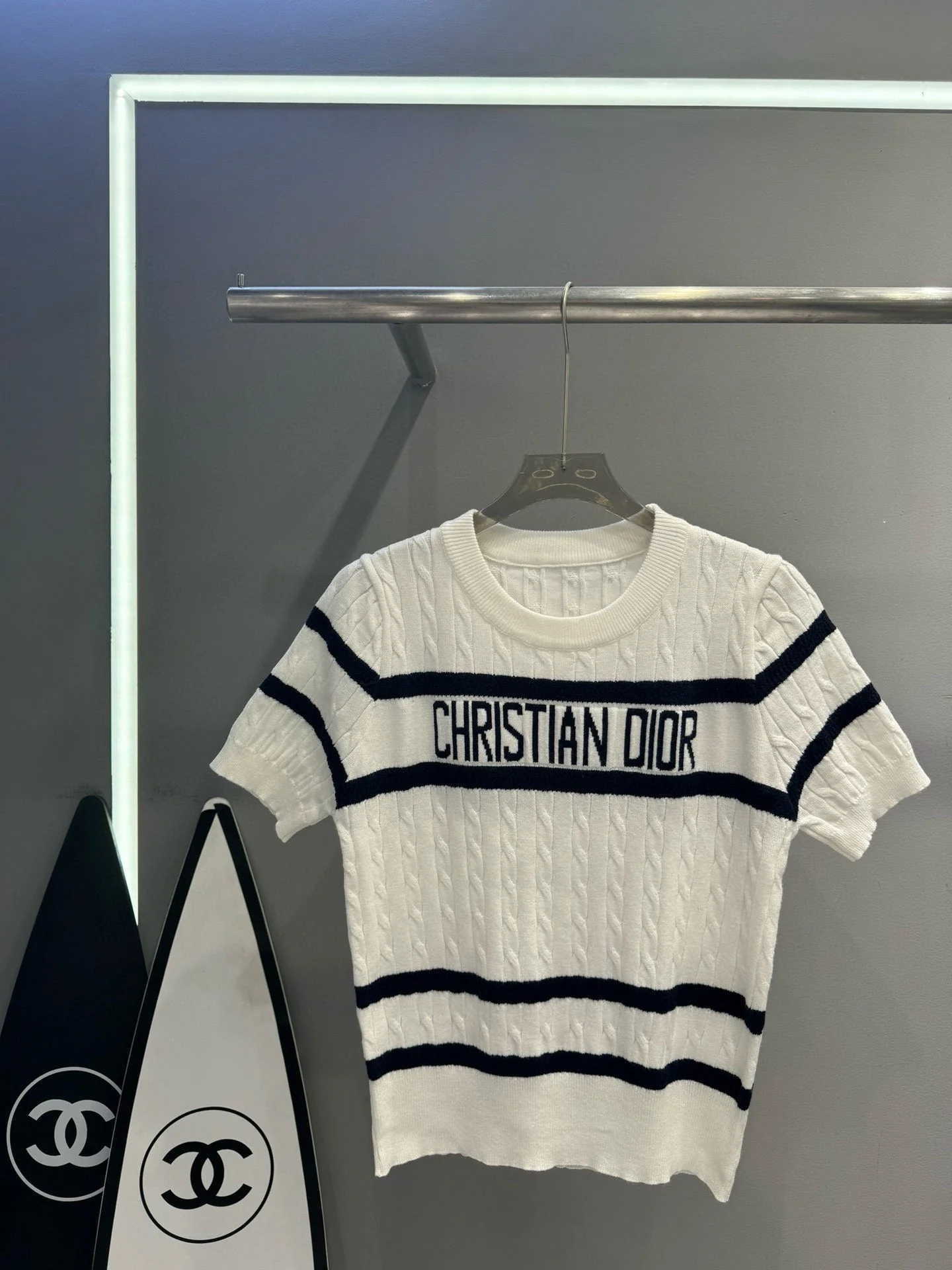 Letter jacquard striped twisted round neck knitted short sleeves - Ultra-Collectible