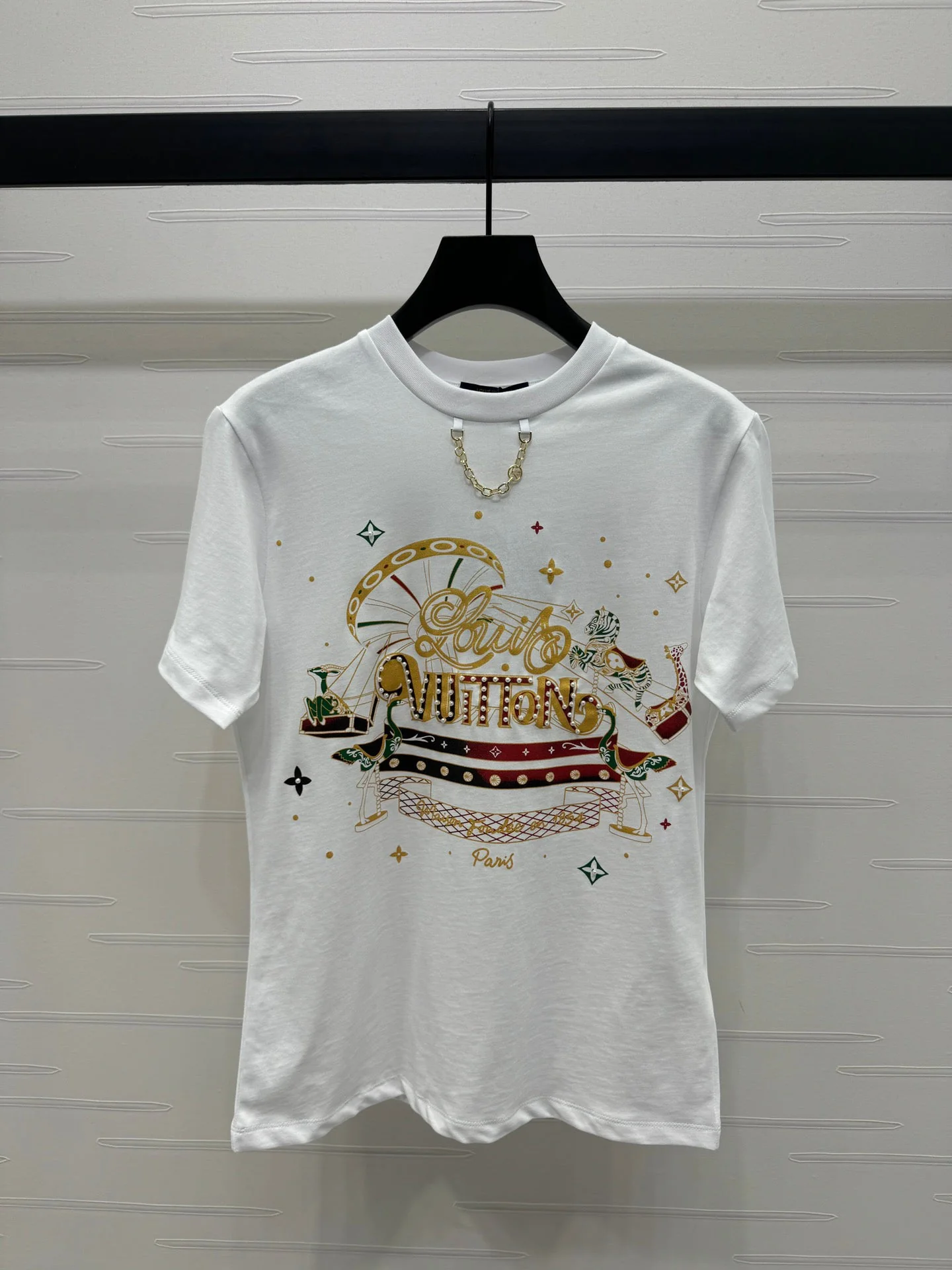 Round neck beaded print chain short-sleeved T-shirt - Ultra-Collectible