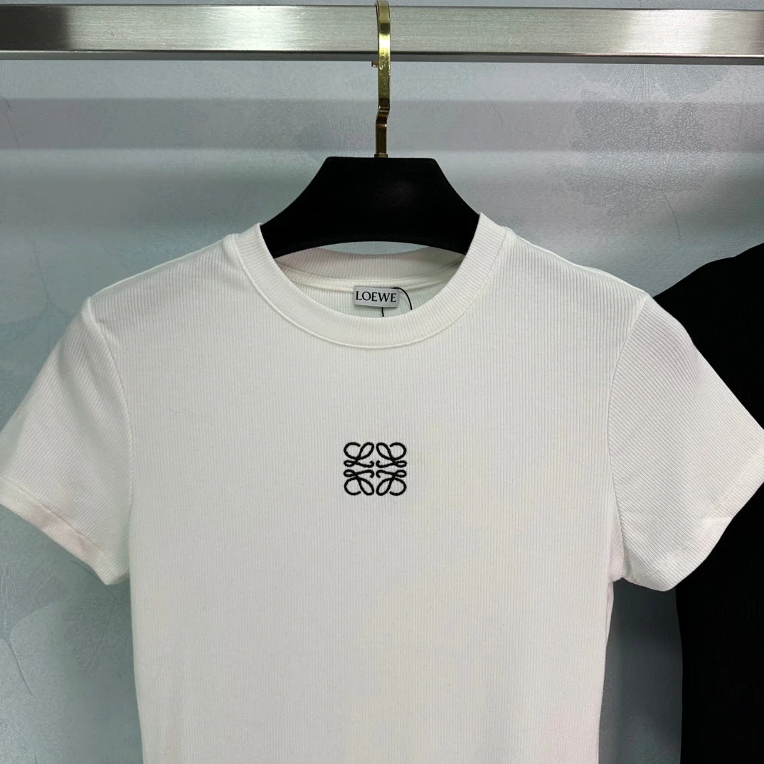 Embroidered ribbed cotton stretch bottoming short-sleeved T-shirt - Ultra-Collectible