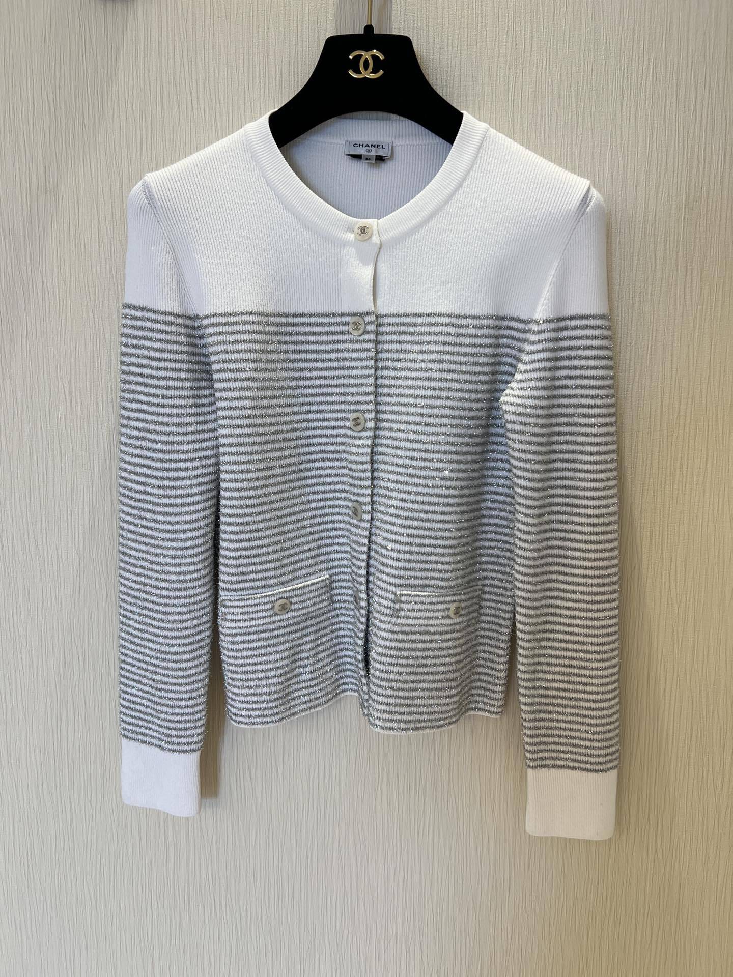 Silver striped round neck knitted cardigan - Ultra-Collectible