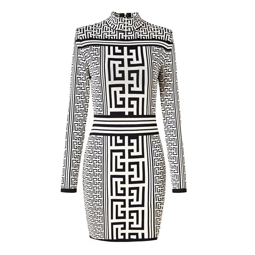 Swastika geometric pattern small stand collar long-sleeved beaded knitted dress - Ultra-Collectible